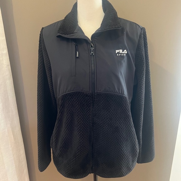 Women's Fila Sport Black Faux Fur Zip Up Jacket, Size Large - Picture 1 of 12
